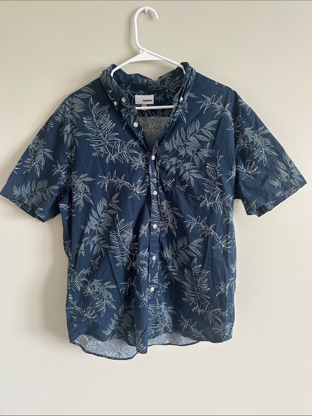 Sonoma Short-Sleeve Navy Leaf Print Button-Up Shirt